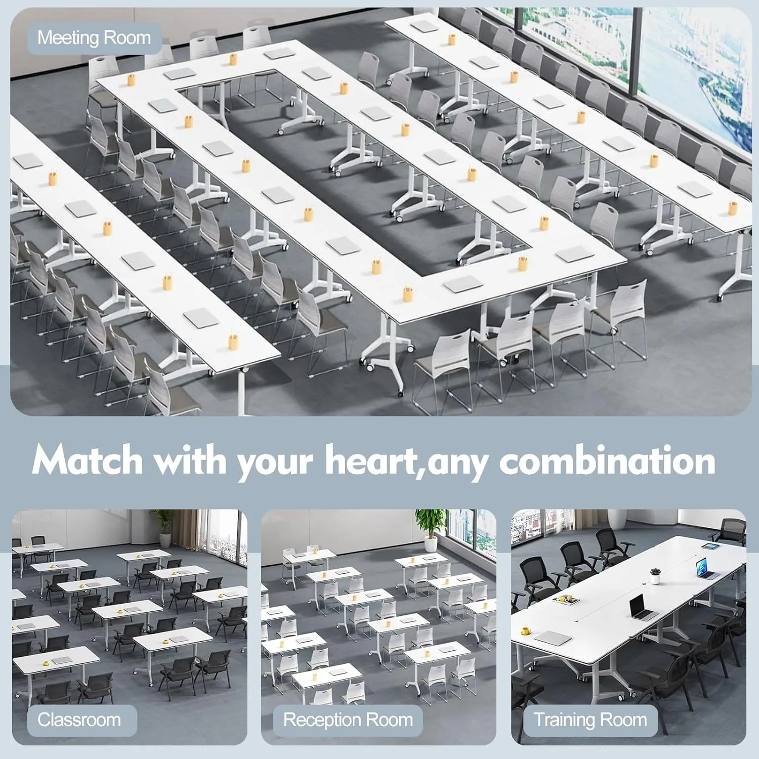 Folding Conference Table, Conference Room Tables with Wheels Foldable Large Rectangle Meeting Seminar Table for 6-12 People, Flip Top Mobile Training Table for Office Classr (4, white2, 55.1in)