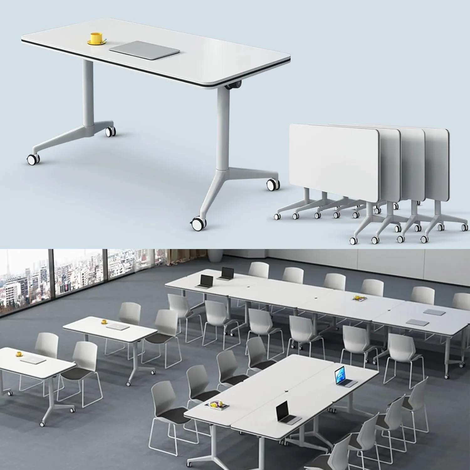 Folding Conference Table, Conference Room Tables with Wheels Foldable Large Rectangle Meeting Seminar Table for 6-12 People, Flip Top Mobile Training Table for Office Classr (4, white2, 55.1in)