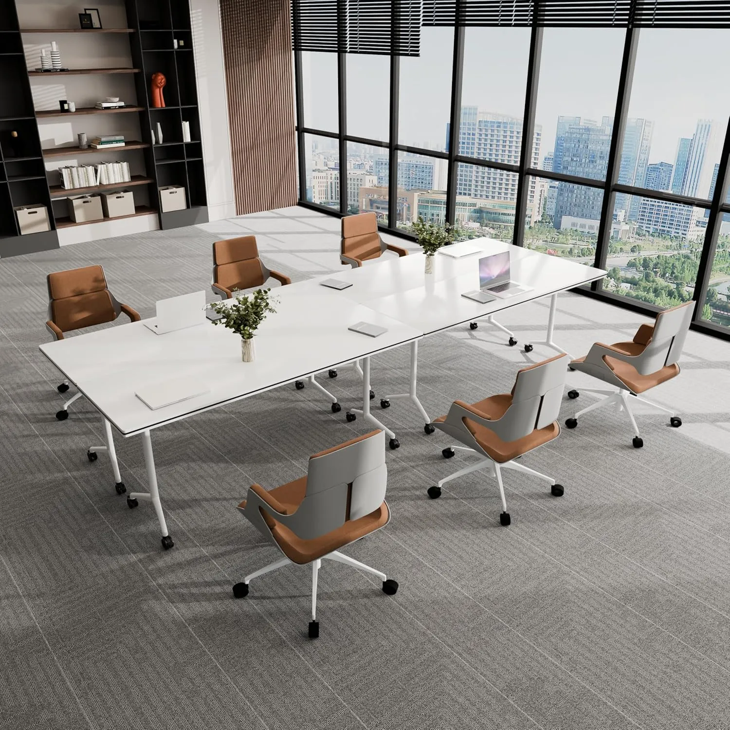 Folding Conference Table, Conference Room Tables with Wheels Foldable Large Rectangle Meeting Seminar Table for 6-12 People, Flip Top Mobile Training Table for Office Classr (4, white2, 55.1in)