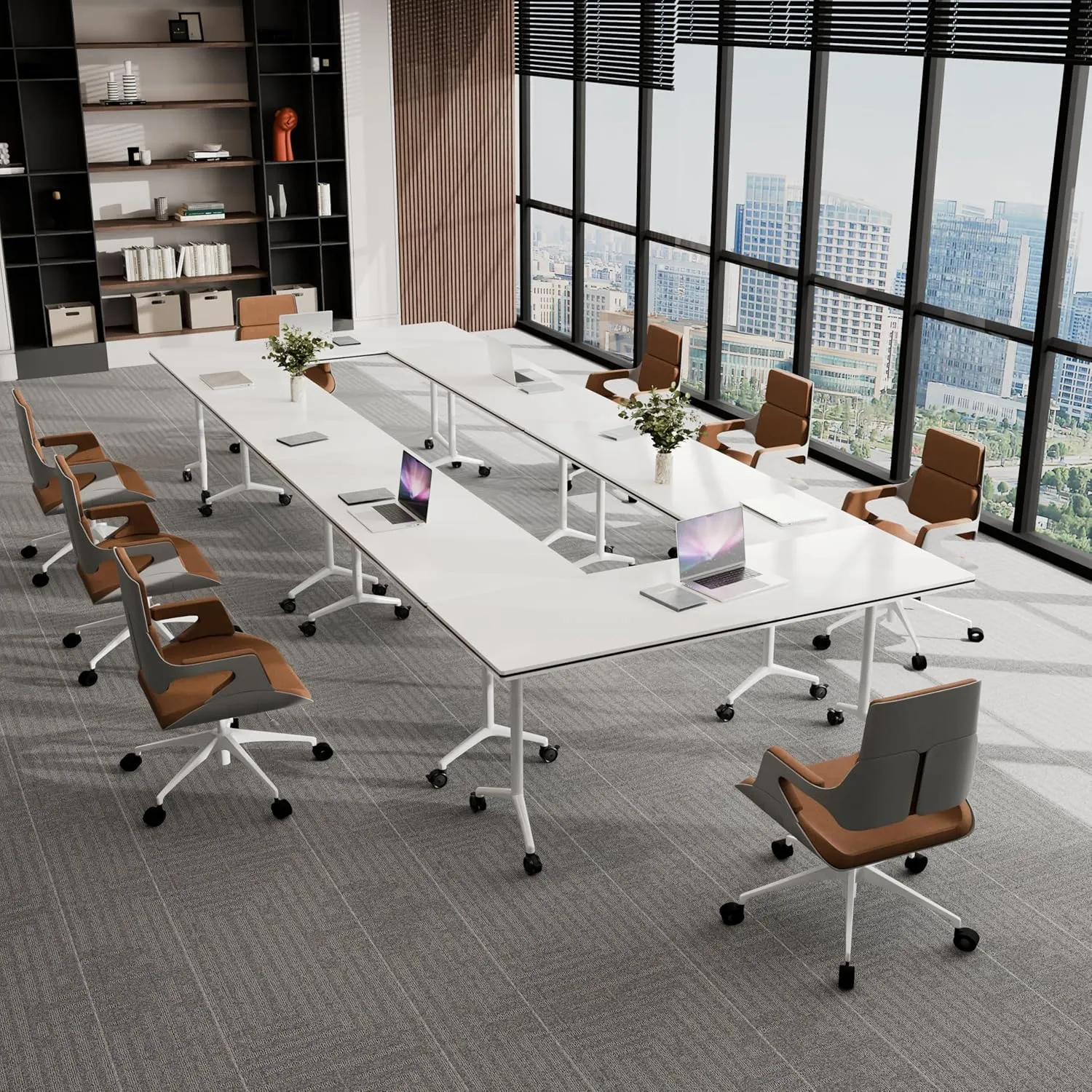 Folding Conference Table, Conference Room Tables with Wheels Foldable Large Rectangle Meeting Seminar Table for 6-12 People, Flip Top Mobile Training Table for Office Classr (4, white2, 55.1in)
