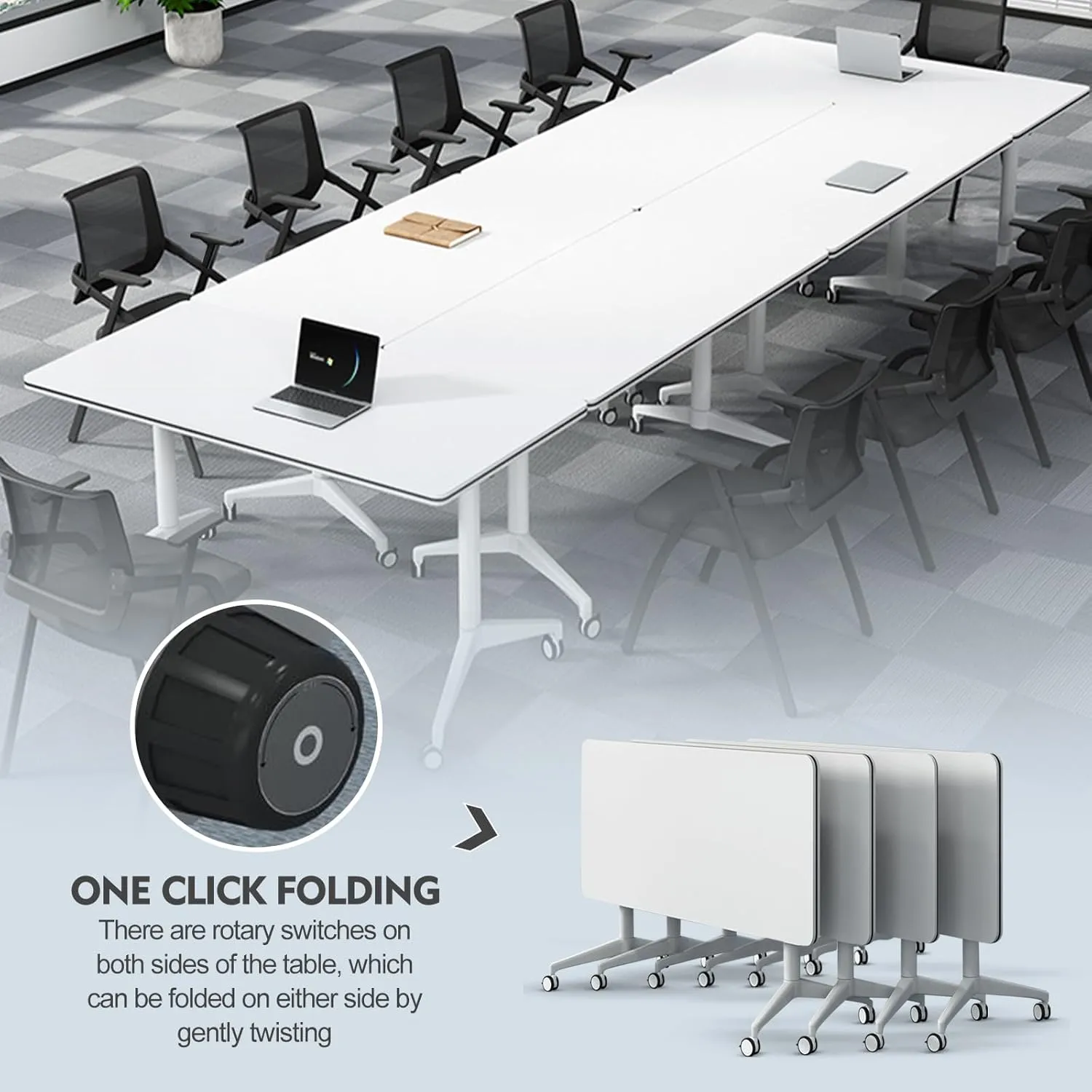 Folding Conference Table, Conference Room Tables with Wheels Foldable Large Rectangle Meeting Seminar Table for 6-12 People, Flip Top Mobile Training Table for Office Classr (4, white2, 55.1in)