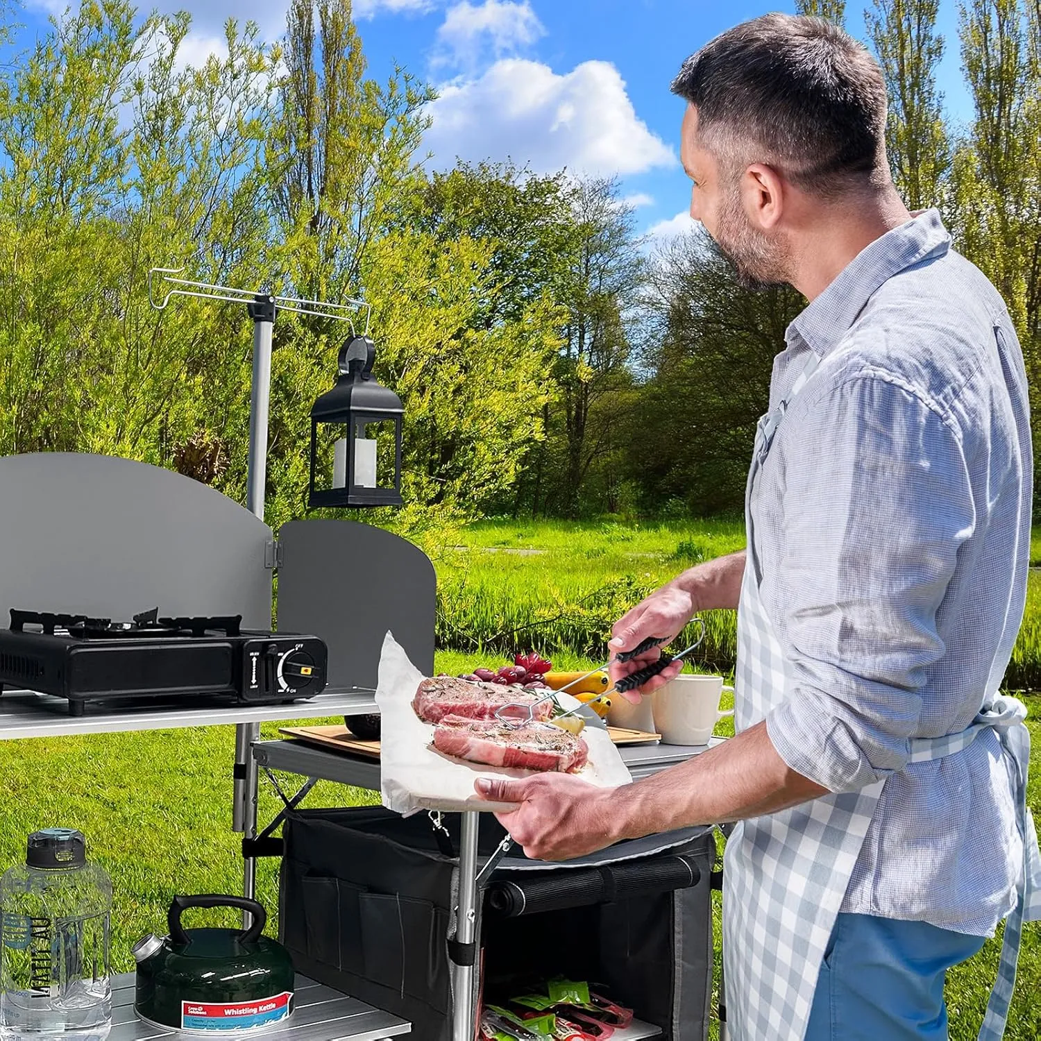 Folding Cooking Table Outdoor Portable Cook Station Aluminum Camping Kitchen with Storage Organizer, Windscreen, Hooks for BBQ, Party (Silver)