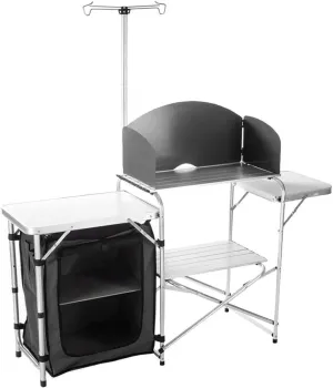 Folding Cooking Table Outdoor Portable Cook Station Aluminum Camping Kitchen with Storage Organizer, Windscreen, Hooks for BBQ, Party (Silver)