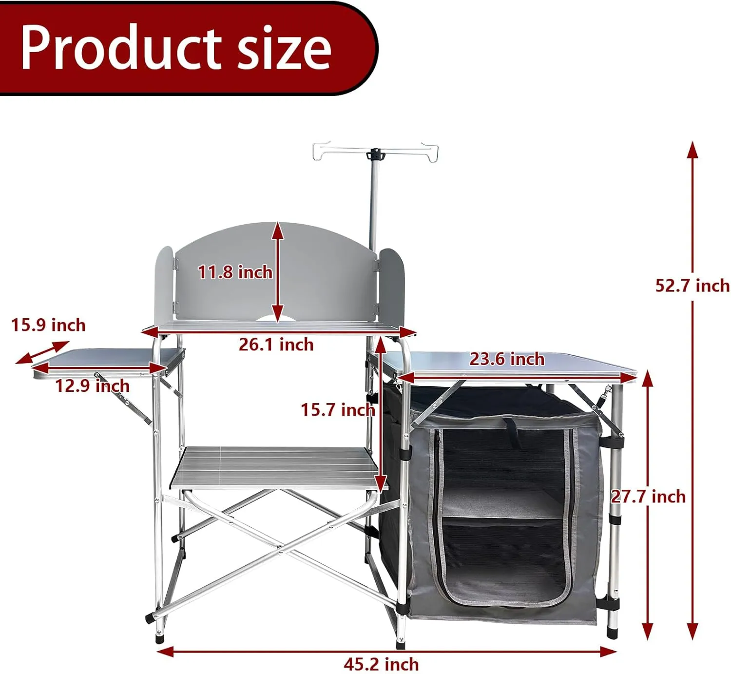 Folding Cooking Table Outdoor Portable Cook Station Aluminum Camping Kitchen with Storage Organizer, Windscreen, Hooks for BBQ, Party (Silver)
