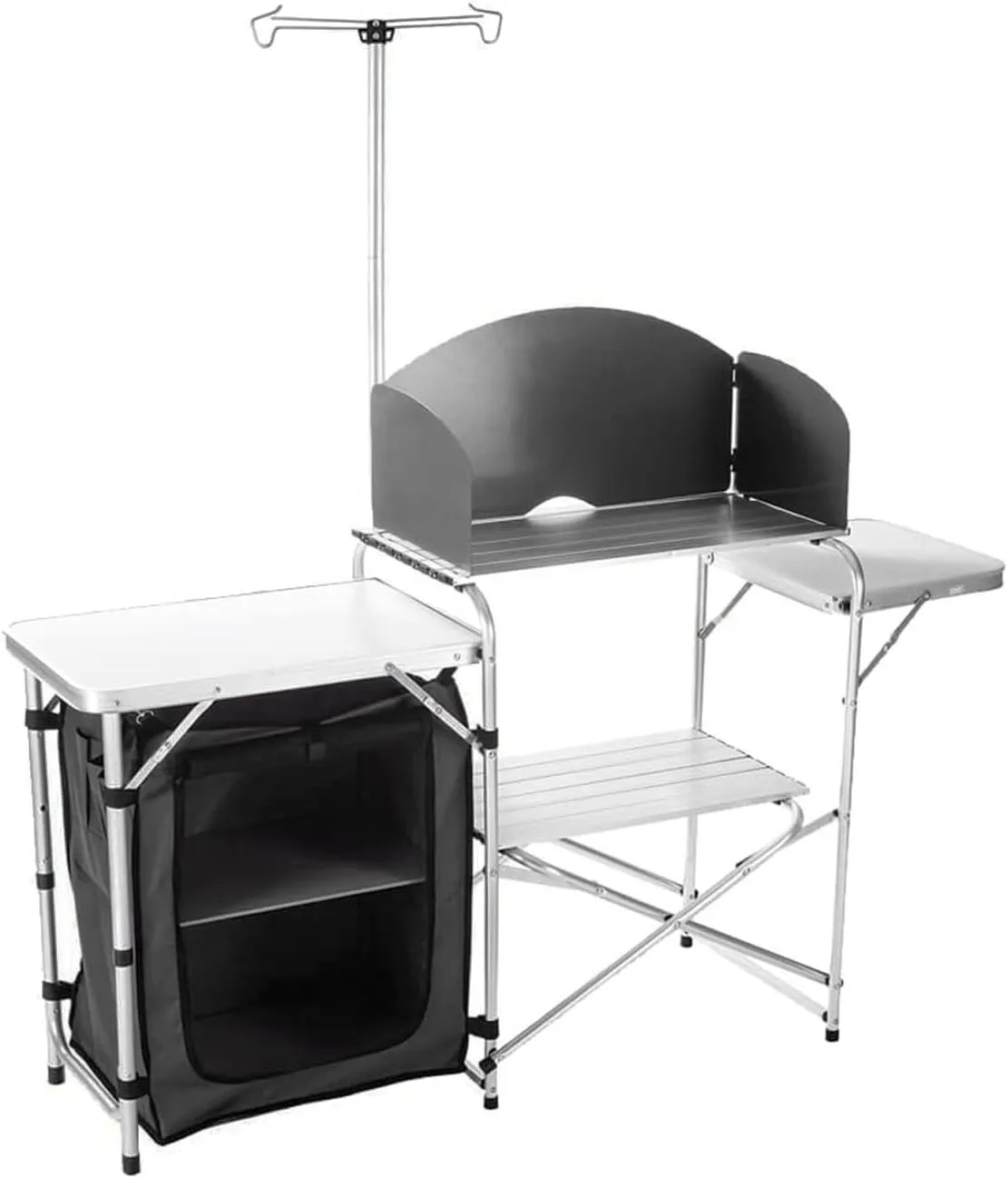 Folding Cooking Table Outdoor Portable Cook Station Aluminum Camping Kitchen with Storage Organizer, Windscreen, Hooks for BBQ, Party (Silver)