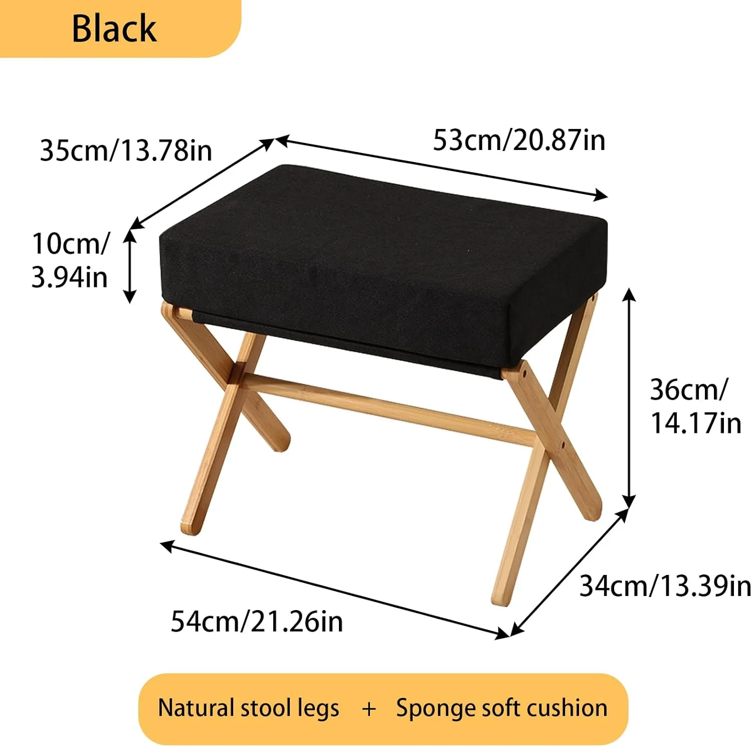 Folding Footrest Stool, Small Accent Ottoman with Thick Cotton Cushion & Bamboo X Legs, Modern Padded Sofa Stool for Makeup Bedroom Living Room (Black)