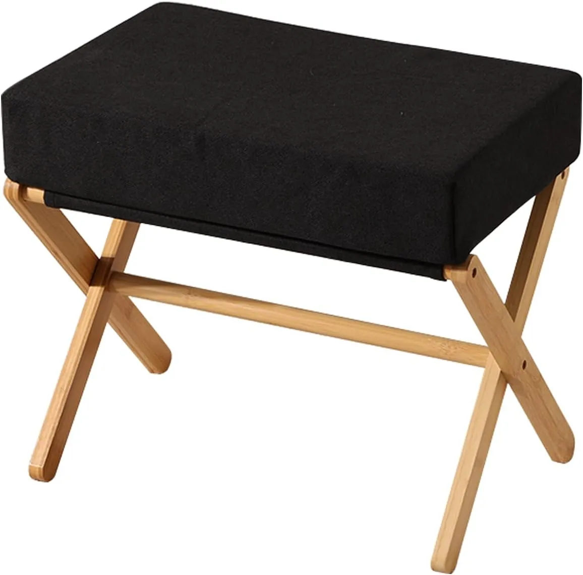 Folding Footrest Stool, Small Accent Ottoman with Thick Cotton Cushion & Bamboo X Legs, Modern Padded Sofa Stool for Makeup Bedroom Living Room (Black)