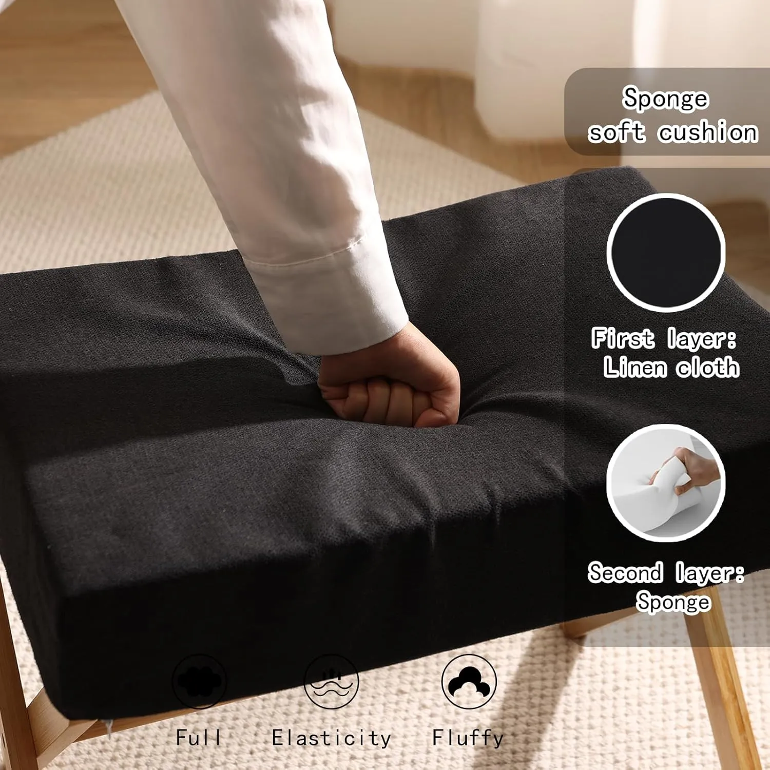 Folding Footrest Stool, Small Accent Ottoman with Thick Cotton Cushion & Bamboo X Legs, Modern Padded Sofa Stool for Makeup Bedroom Living Room (Black)