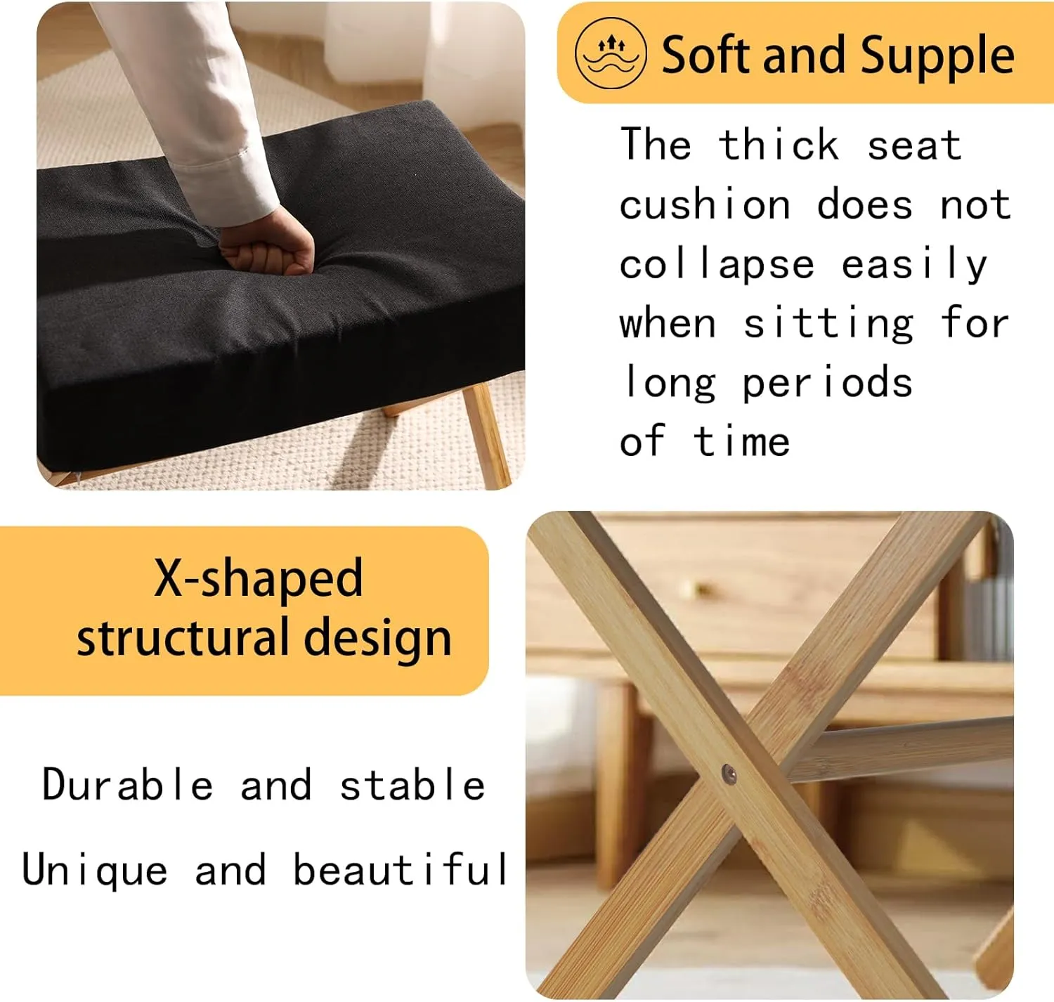 Folding Footrest Stool, Small Accent Ottoman with Thick Cotton Cushion & Bamboo X Legs, Modern Padded Sofa Stool for Makeup Bedroom Living Room (Black)