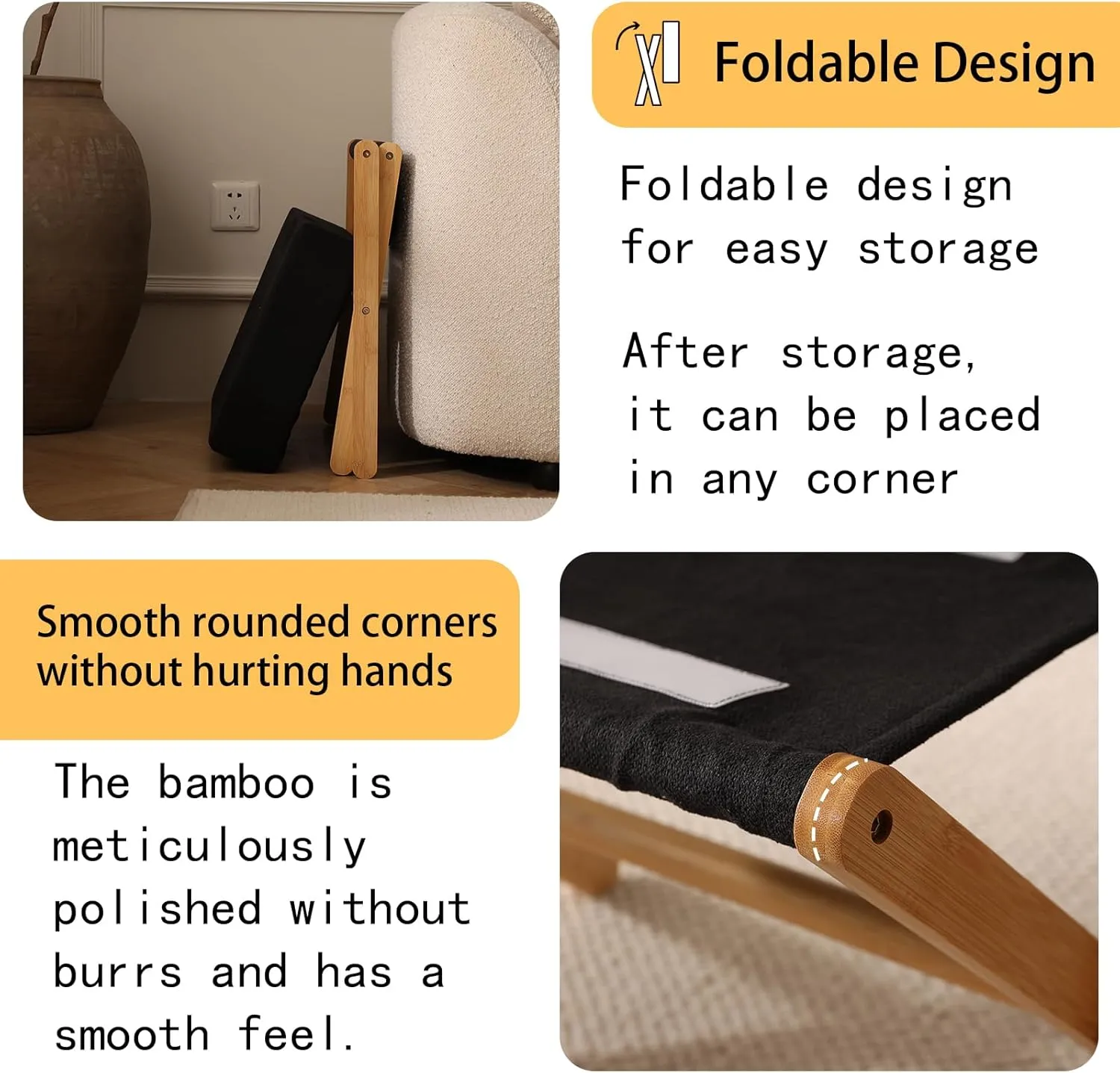 Folding Footrest Stool, Small Accent Ottoman with Thick Cotton Cushion & Bamboo X Legs, Modern Padded Sofa Stool for Makeup Bedroom Living Room (Black)