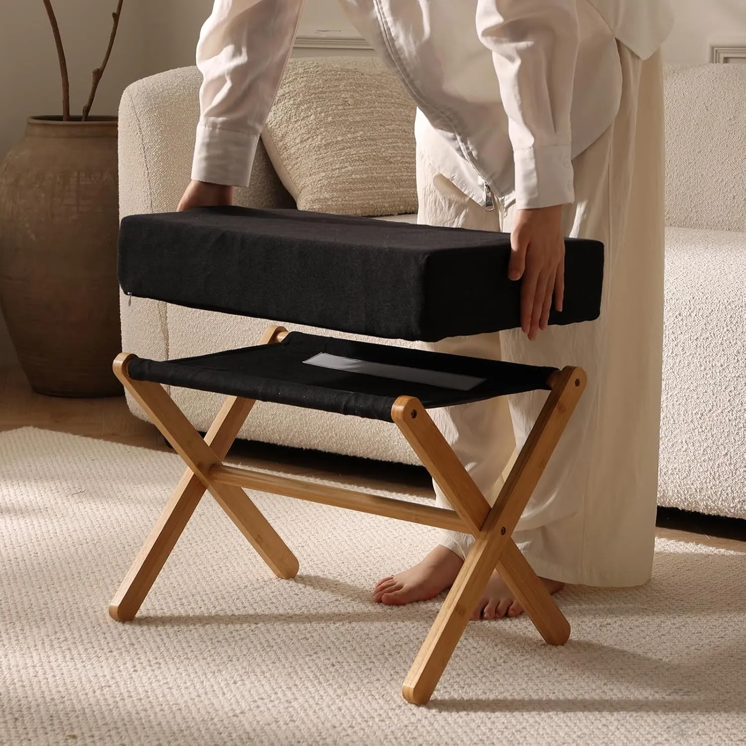 Folding Footrest Stool, Small Accent Ottoman with Thick Cotton Cushion & Bamboo X Legs, Modern Padded Sofa Stool for Makeup Bedroom Living Room (Black)