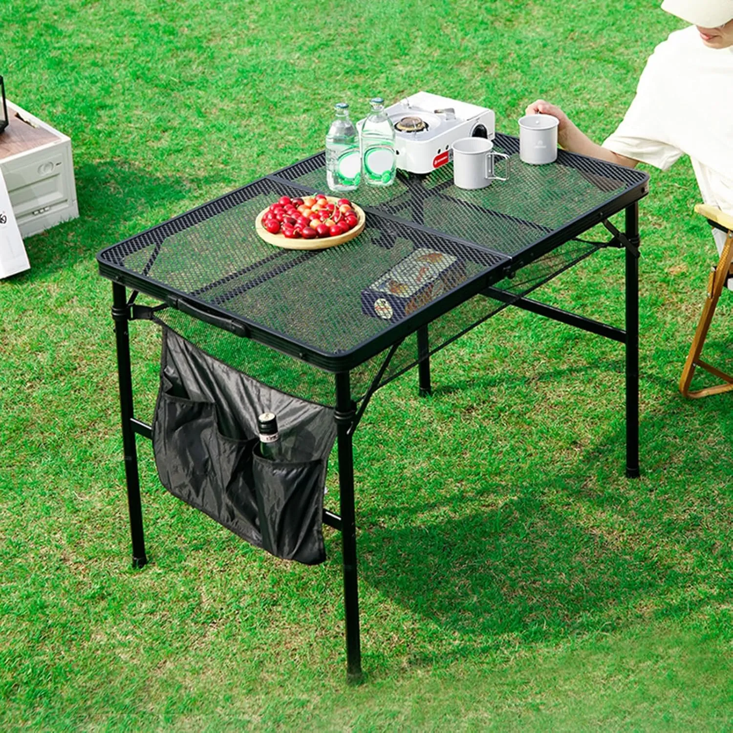 Folding Grill Table, 3x2 FT Portable Camping Table, Lightweight Height Adjustable Metal Table with Mesh Desktop and Mesh Bag, Outdoor Table for Camping, Picnic, Beach and BBQ, Black