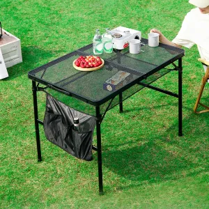 Folding Grill Table, 3x2 FT Portable Camping Table, Lightweight Height Adjustable Metal Table with Mesh Desktop and Mesh Bag, Outdoor Table for Camping, Picnic, Beach and BBQ, Black