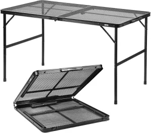 Folding Grill Table: 4x2 Ft Portable Camping Table, Lightweight Height Adjustable Metal Table with Mesh Desktop and Carrying Handle, Outdoor Table for Camping, Picnic, Beach and BBQ