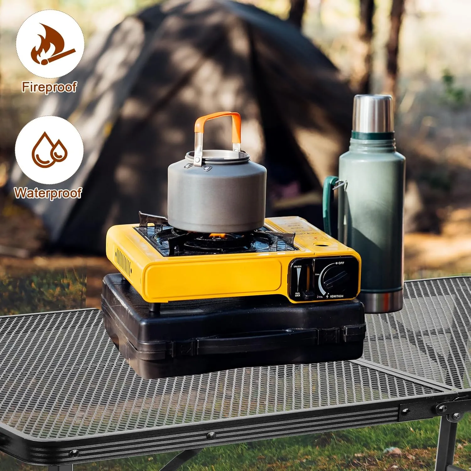 Folding Grill Table: 4x2 Ft Portable Camping Table, Lightweight Height Adjustable Metal Table with Mesh Desktop and Carrying Handle, Outdoor Table for Camping, Picnic, Beach and BBQ