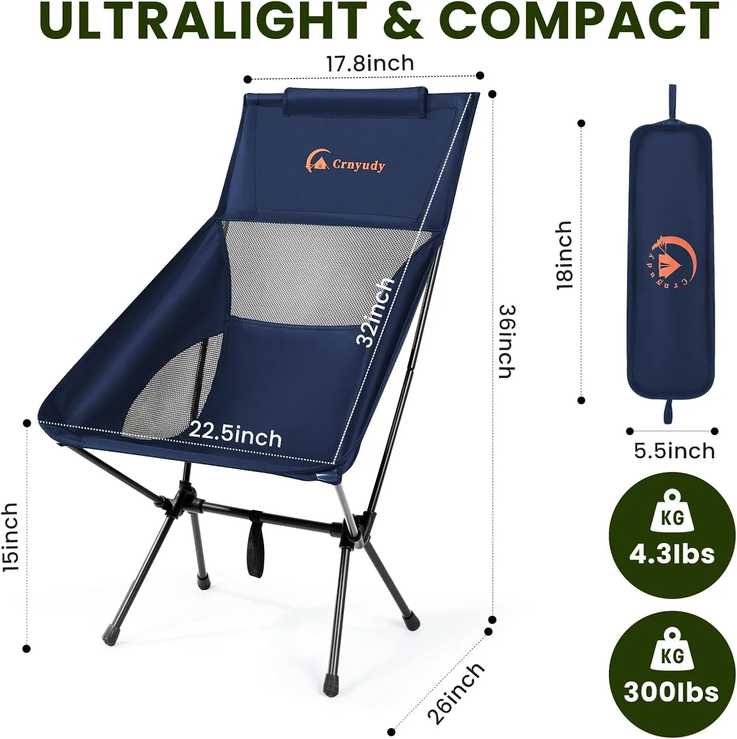 Folding High Back Camping Chair for Outside,Lightweight Camp Chair, Portable Compact for Adults with Carrying Bag, for Hiking Lawn Picnic&Fishing(Navy Blue)