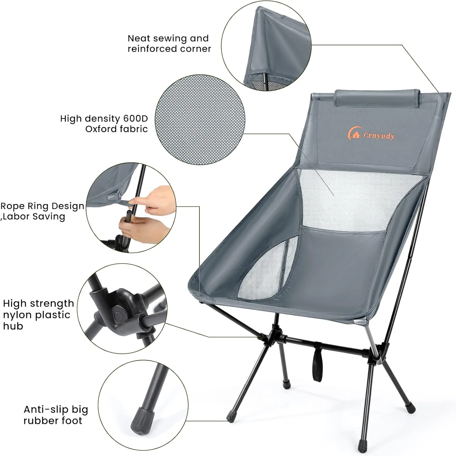 Folding High Back Camping Chair for Outside,Portable Camp Chair for Adults, Lightweight Compact with Carry Bag, for Hiking Lawn Picnic&Fishing (Light Gray)