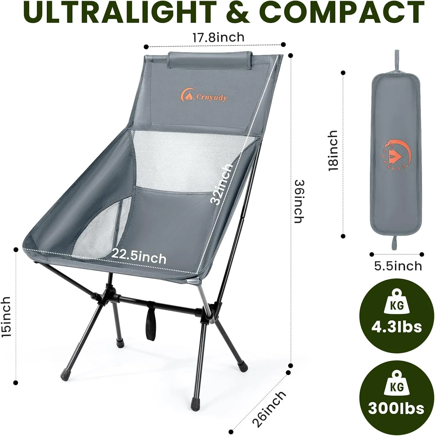 Folding High Back Camping Chair for Outside,Portable Camp Chair for Adults, Lightweight Compact with Carry Bag, for Hiking Lawn Picnic&Fishing (Light Gray)