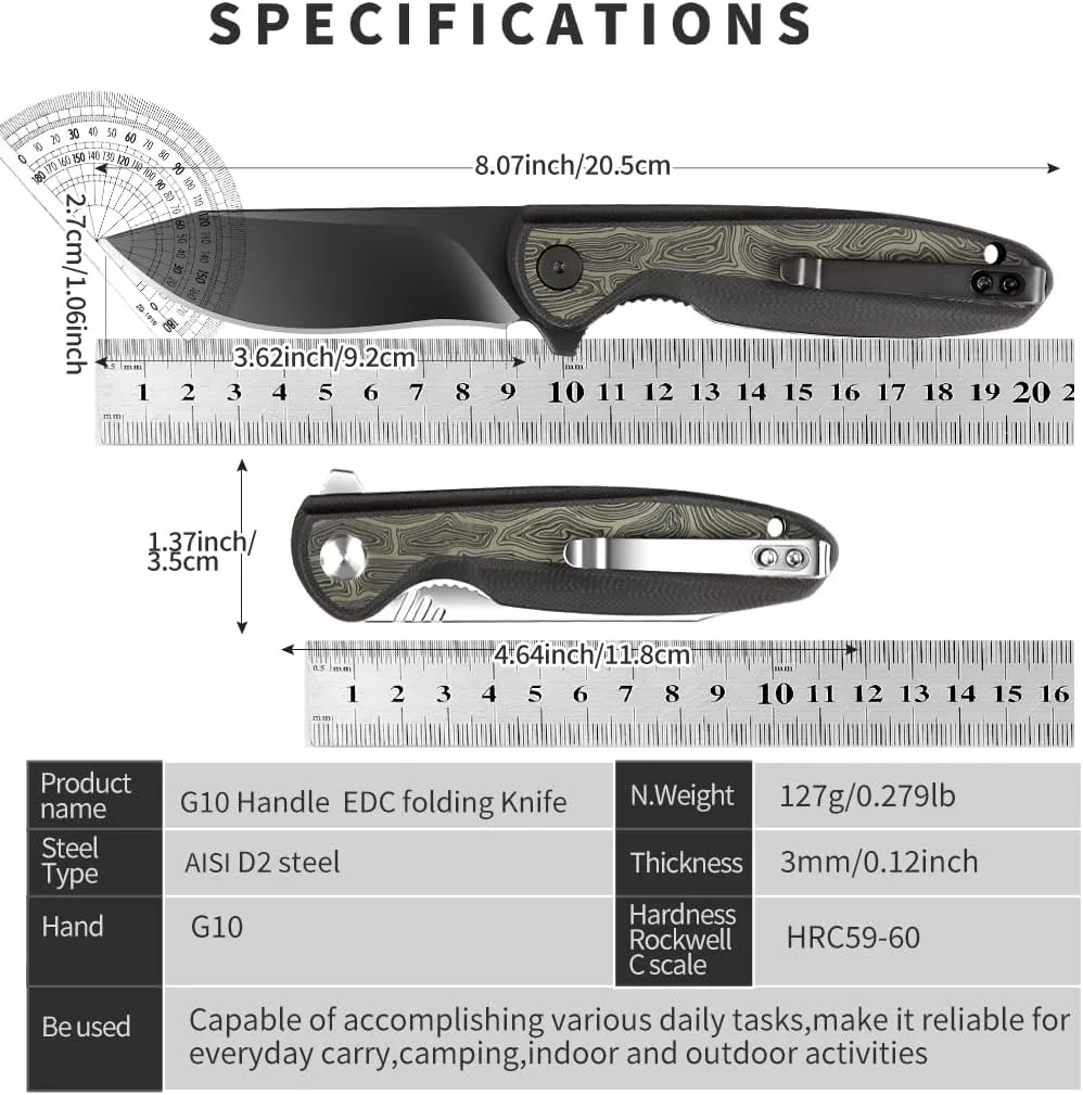 Folding knife D2 blade material, G10 two-color handle, suitable for men and women outdoor camping carrying knife, sharp and durable blade, with pocket clip (black)