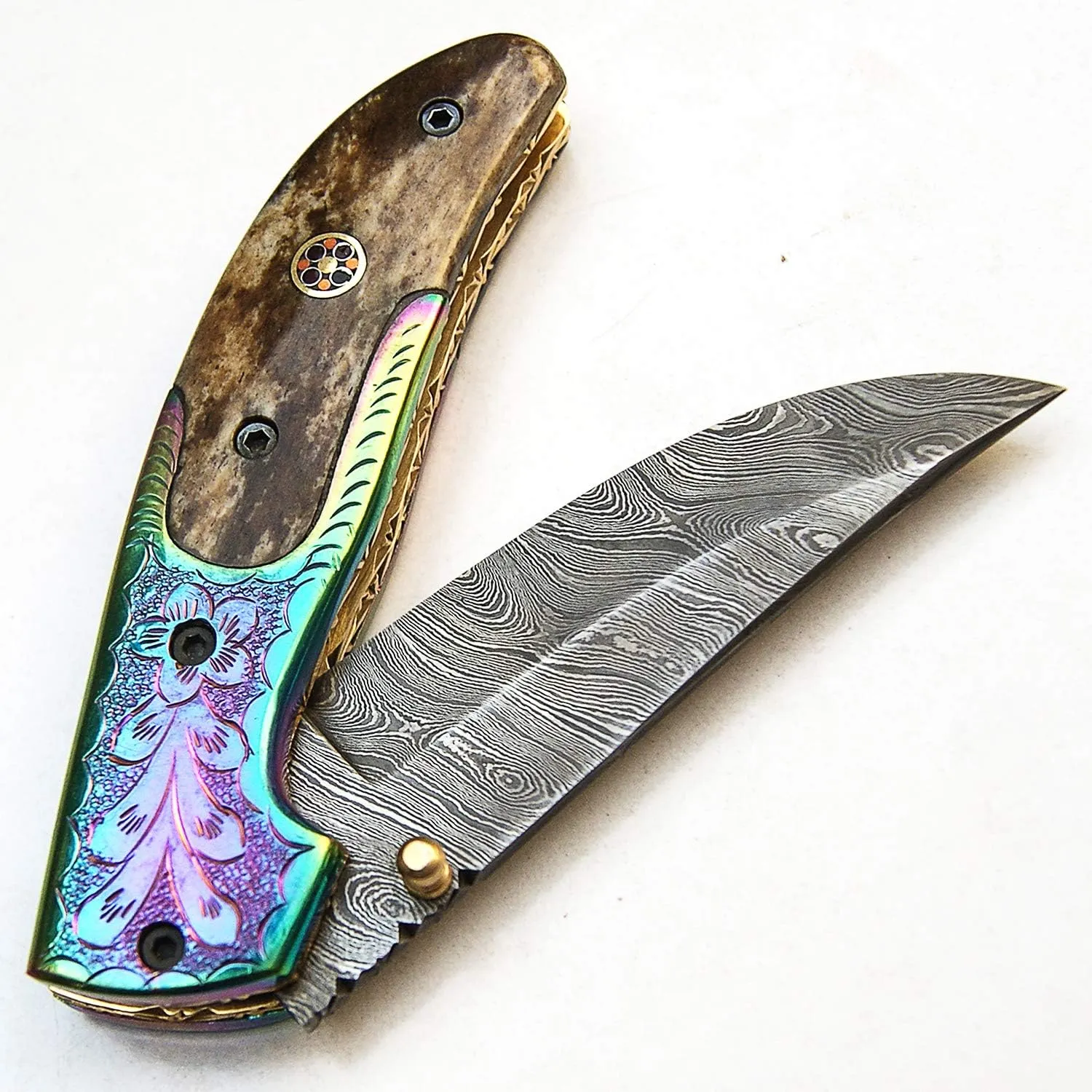 Folding Knife - Handmade Knife - Damascus steel knives - 8 Inch Sharp Edge Folding Blade - Stained Bone Handle - Folding Pocket Knive With Leather Sheath - Titanium Guards, 9495, Black and Gray