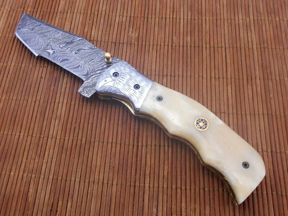 Folding Knife Tracker Blade Knife 8", Hand Forged Damascus Steel, Engraved Bird on Steel Bolster, Equipped with Brass Liner Lock, Cow Hide Leather Sheath with Belt Loop (Camel Bone)