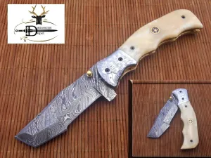 Folding Knife Tracker Blade Knife 8", Hand Forged Damascus Steel, Engraved Bird on Steel Bolster, Equipped with Brass Liner Lock, Cow Hide Leather Sheath with Belt Loop (Camel Bone)