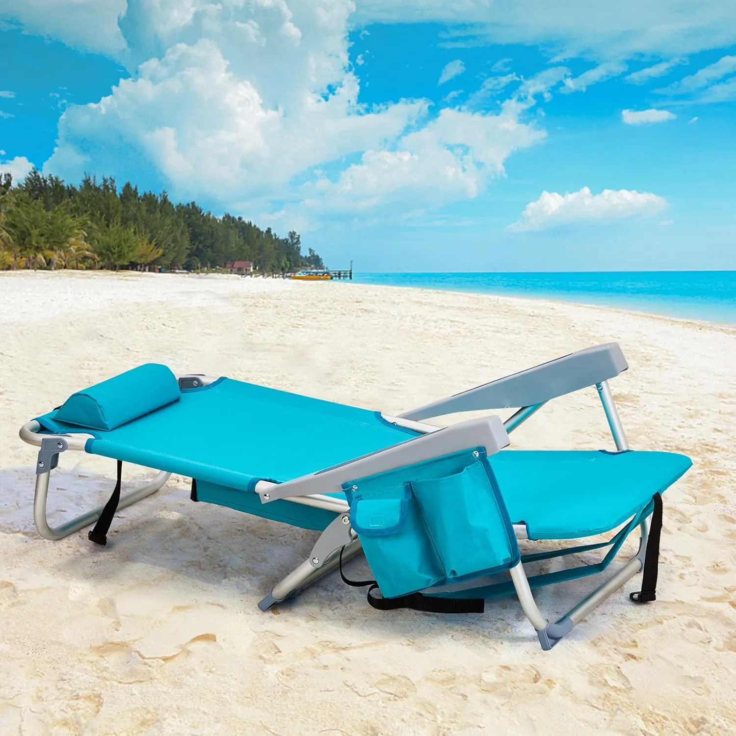 Folding Low Backpack Beach Chair 5-Position with Headrest & Cup Holder - Portable Aluminum Reclining Camping Chair with Storage Bags, Adjustable Recline - Lightweight & Compact, Blue