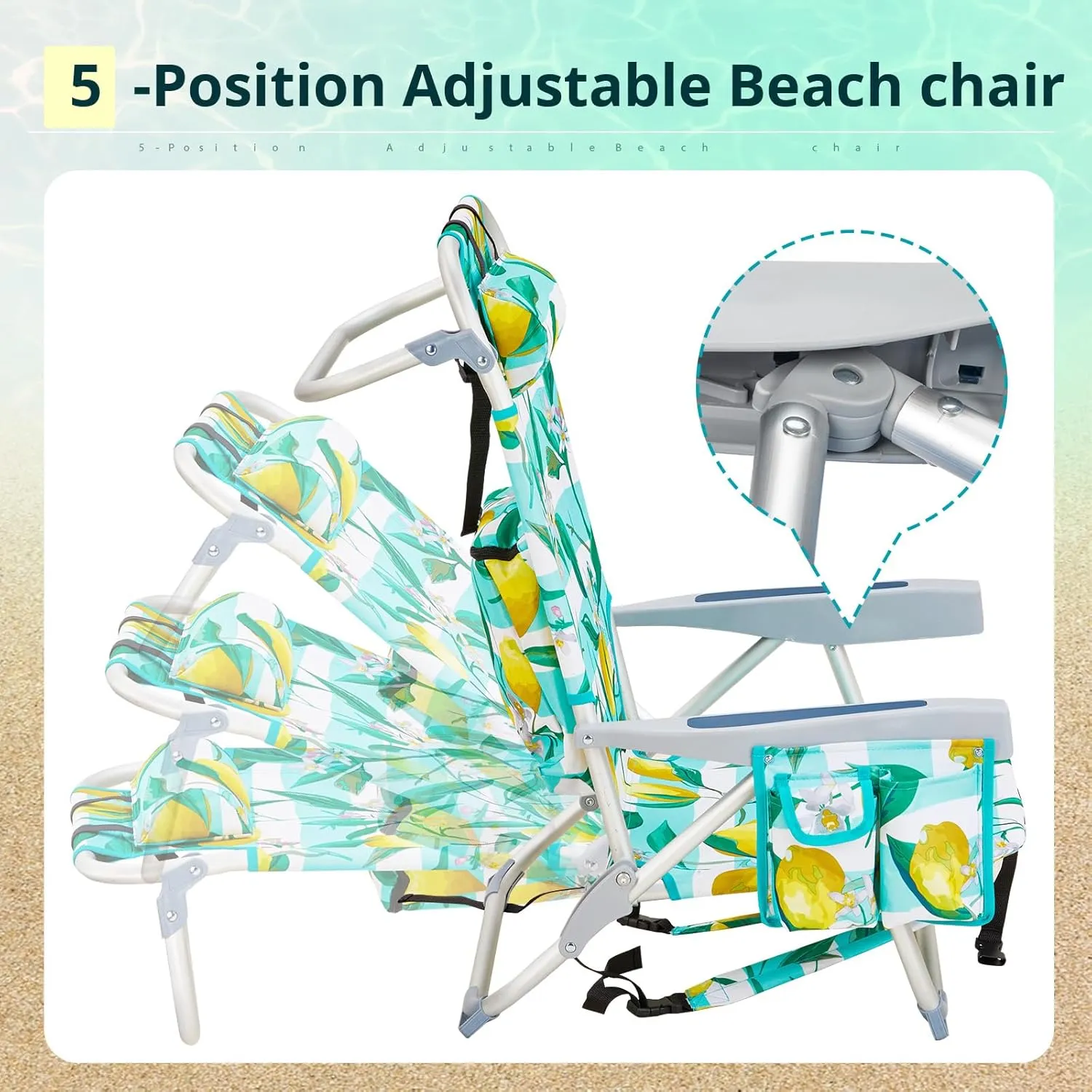Folding Low Backpack Beach Chair 5-Position with Headrest & Cup Holder - Portable Aluminum Reclining Camping Chair with Storage Bags, Adjustable Recline - Lightweight & Compact, Blue