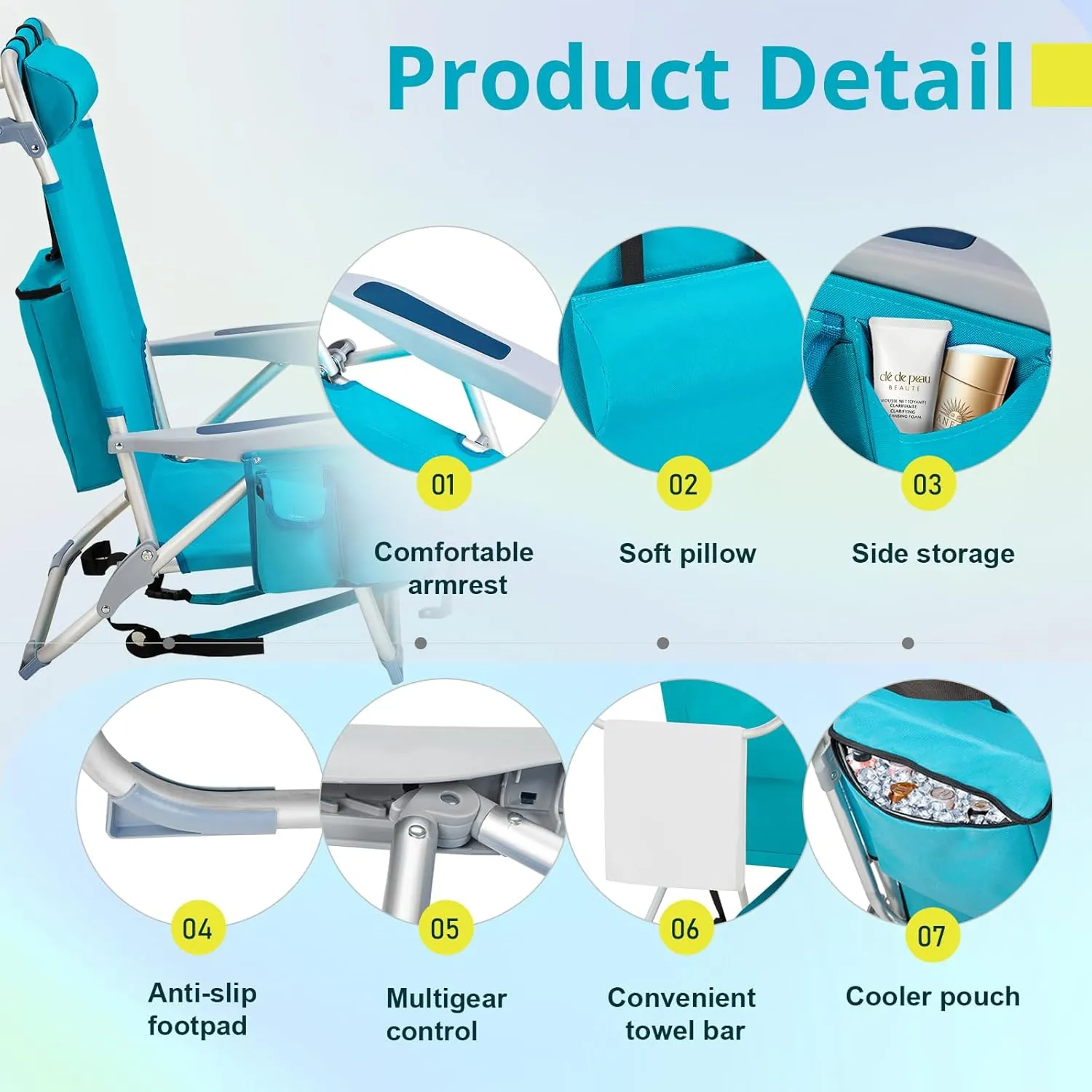 Folding Low Backpack Beach Chair 5-Position with Headrest & Cup Holder - Portable Aluminum Reclining Camping Chair with Storage Bags, Adjustable Recline - Lightweight & Compact, Blue