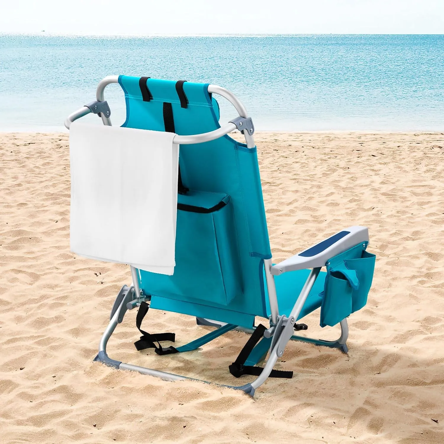 Folding Low Backpack Beach Chair 5-Position with Headrest & Cup Holder - Portable Aluminum Reclining Camping Chair with Storage Bags, Adjustable Recline - Lightweight & Compact, Blue