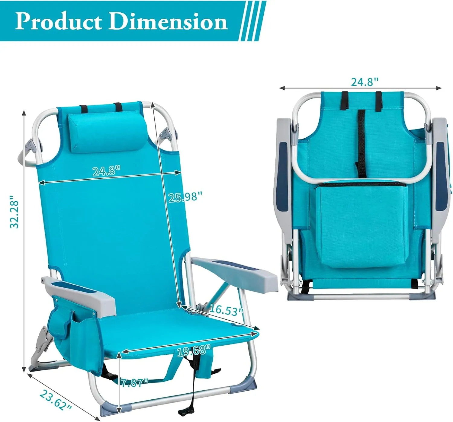 Folding Low Backpack Beach Chair 5-Position with Headrest & Cup Holder - Portable Aluminum Reclining Camping Chair with Storage Bags, Adjustable Recline - Lightweight & Compact, Blue