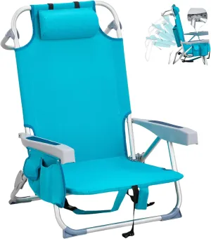 Folding Low Backpack Beach Chair 5-Position with Headrest & Cup Holder - Portable Aluminum Reclining Camping Chair with Storage Bags, Adjustable Recline - Lightweight & Compact, Blue