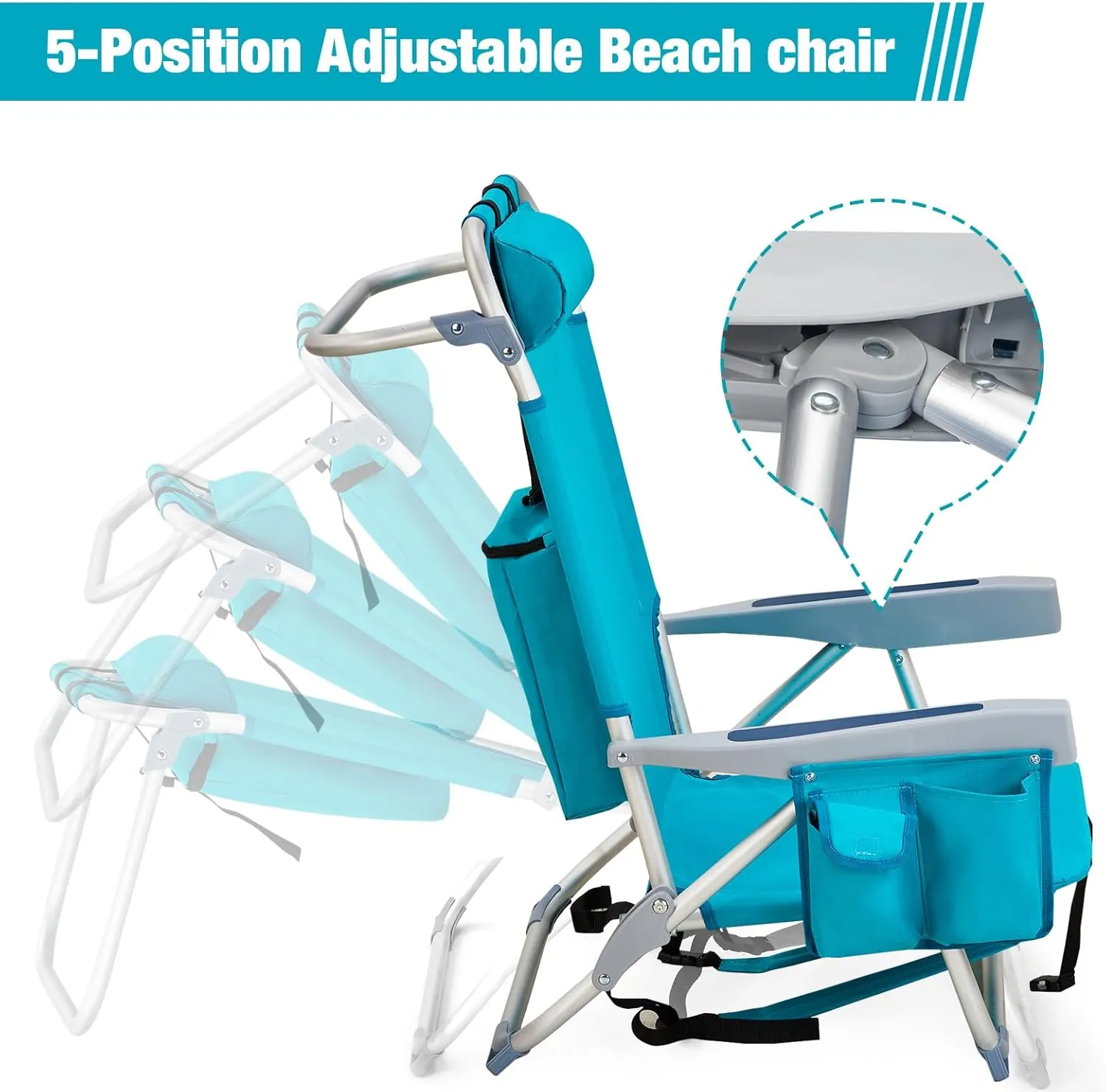 Folding Low Backpack Beach Chair 5-Position with Headrest & Cup Holder - Portable Aluminum Reclining Camping Chair with Storage Bags, Adjustable Recline - Lightweight & Compact, Blue