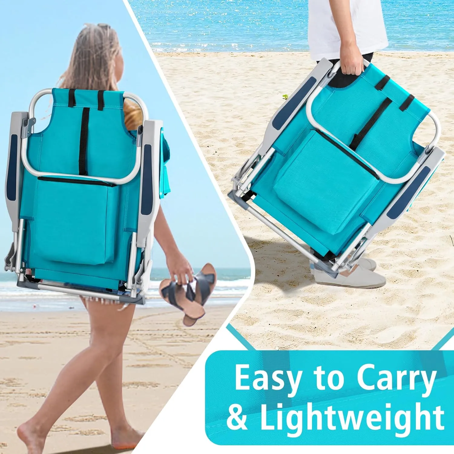 Folding Low Backpack Beach Chair 5-Position with Headrest & Cup Holder - Portable Aluminum Reclining Camping Chair with Storage Bags, Adjustable Recline - Lightweight & Compact, Blue