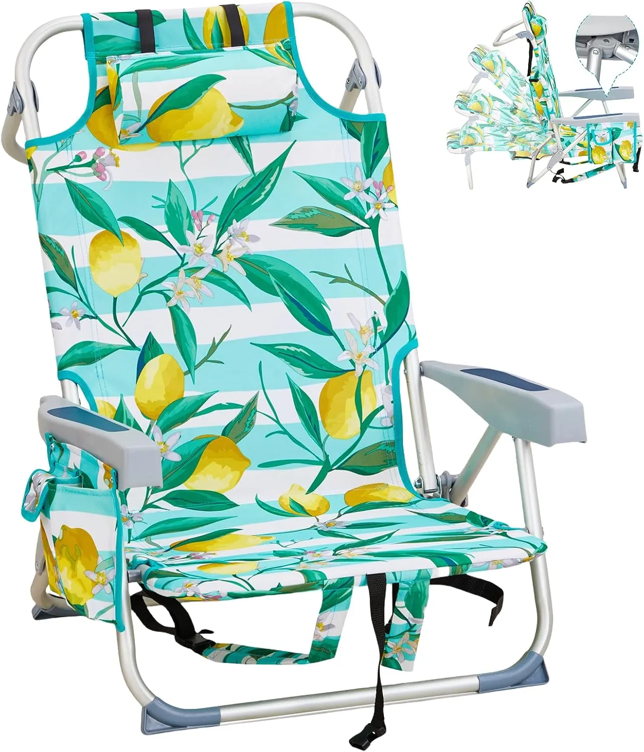 Folding Low Backpack Beach Chair 5-Position with Headrest & Cup Holder - Portable Aluminum Reclining Camping Chair with Storage Bags, Adjustable Recline - Lightweight & Compact, Blue