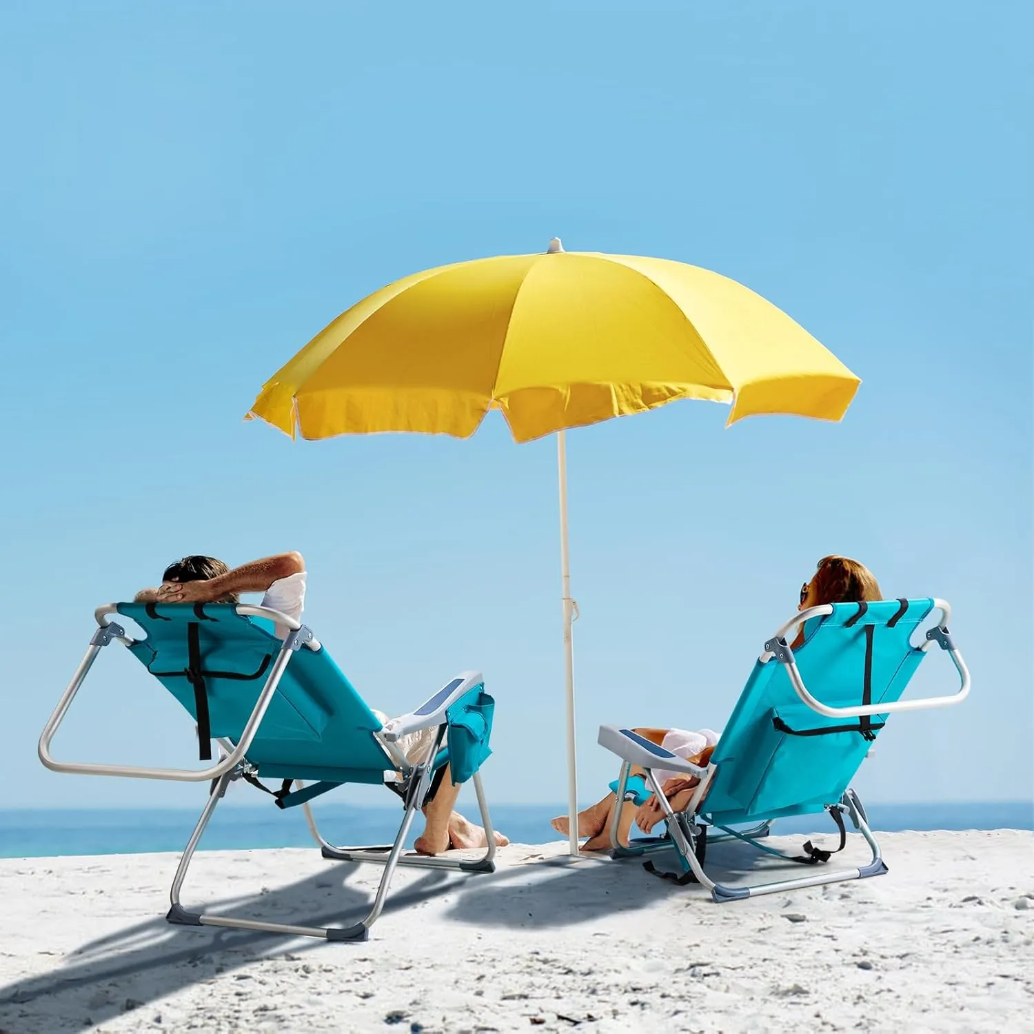 Folding Low Backpack Beach Chair 5-Position with Headrest & Cup Holder - Portable Aluminum Reclining Camping Chair with Storage Bags, Adjustable Recline - Lightweight & Compact, Blue