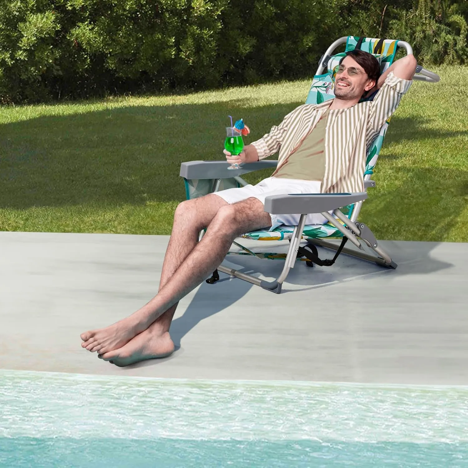 Folding Low Backpack Beach Chair 5-Position with Headrest & Cup Holder - Portable Aluminum Reclining Camping Chair with Storage Bags, Adjustable Recline - Lightweight & Compact, Blue