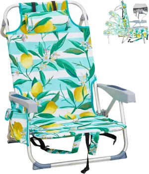 Folding Low Backpack Beach Chair 5-Position with Headrest & Cup Holder - Portable Aluminum Reclining Camping Chair with Storage Bags, Adjustable Recline - Lightweight & Compact, Blue