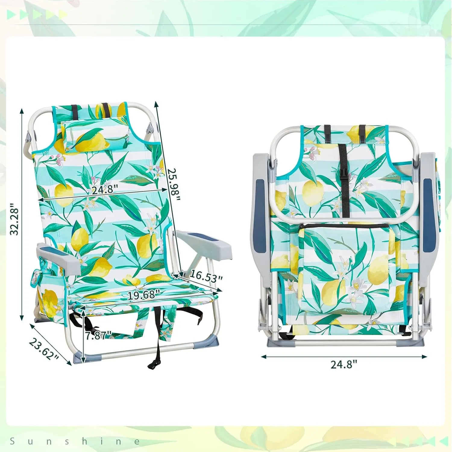 Folding Low Backpack Beach Chair 5-Position with Headrest & Cup Holder - Portable Aluminum Reclining Camping Chair with Storage Bags, Adjustable Recline - Lightweight & Compact, Blue