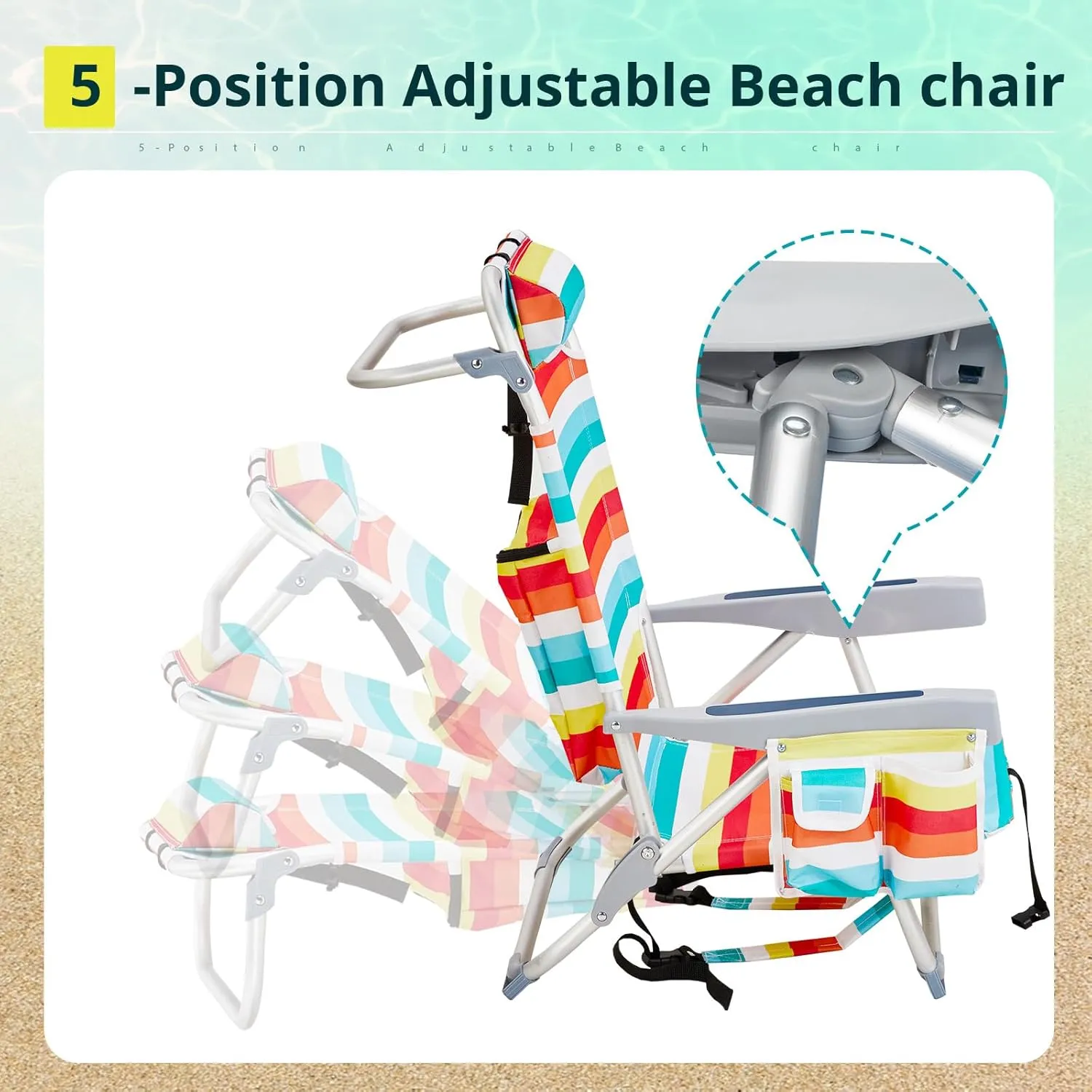 Folding Low Backpack Beach Chair 5-Position with Headrest & Cup Holder - Portable Aluminum Reclining Camping Chair with Storage Bags, Adjustable Recline - Lightweight & Compact, Rainbow Stripes