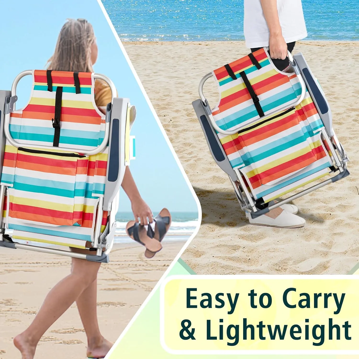 Folding Low Backpack Beach Chair 5-Position with Headrest & Cup Holder - Portable Aluminum Reclining Camping Chair with Storage Bags, Adjustable Recline - Lightweight & Compact, Rainbow Stripes