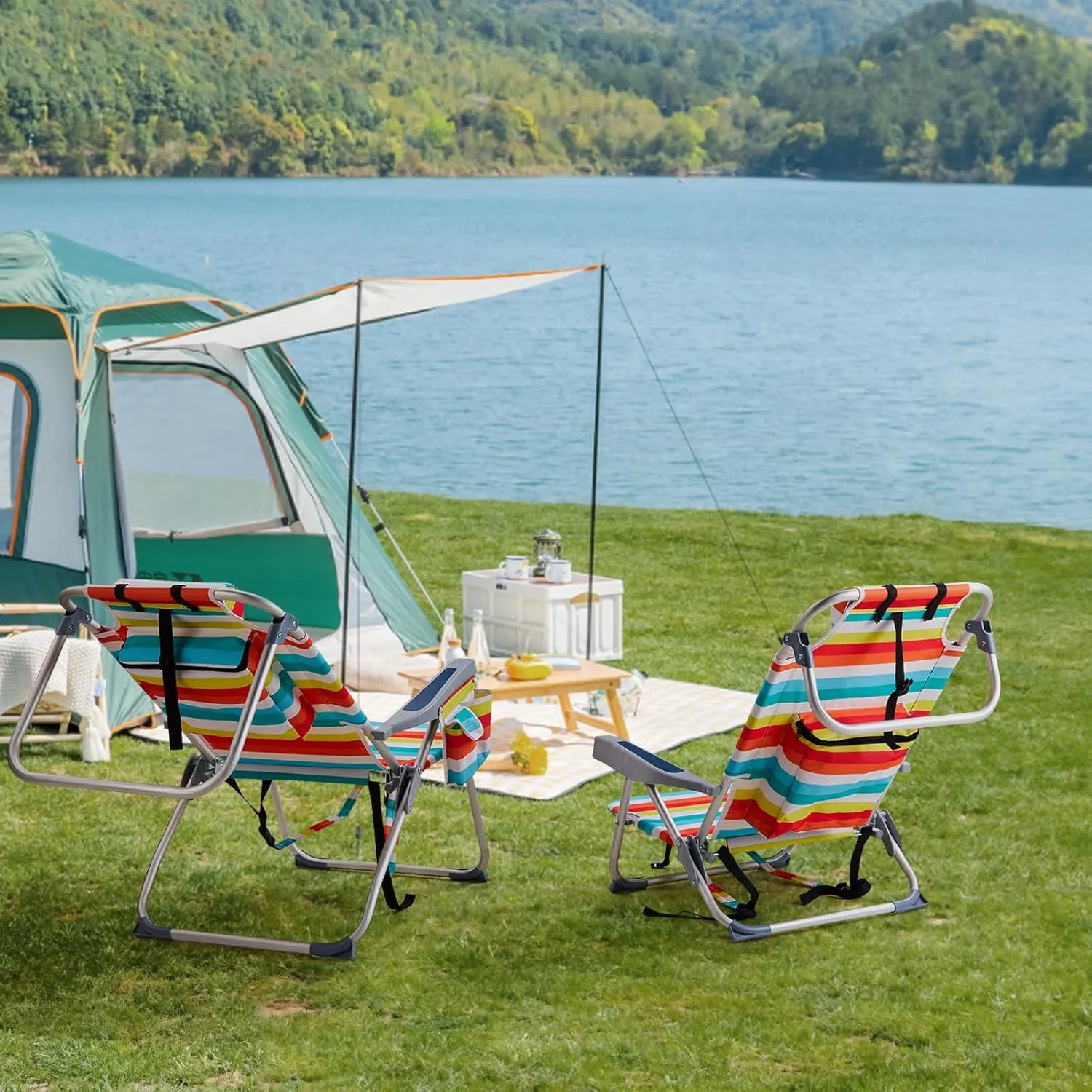 Folding Low Backpack Beach Chair 5-Position with Headrest & Cup Holder - Portable Aluminum Reclining Camping Chair with Storage Bags, Adjustable Recline - Lightweight & Compact, Rainbow Stripes