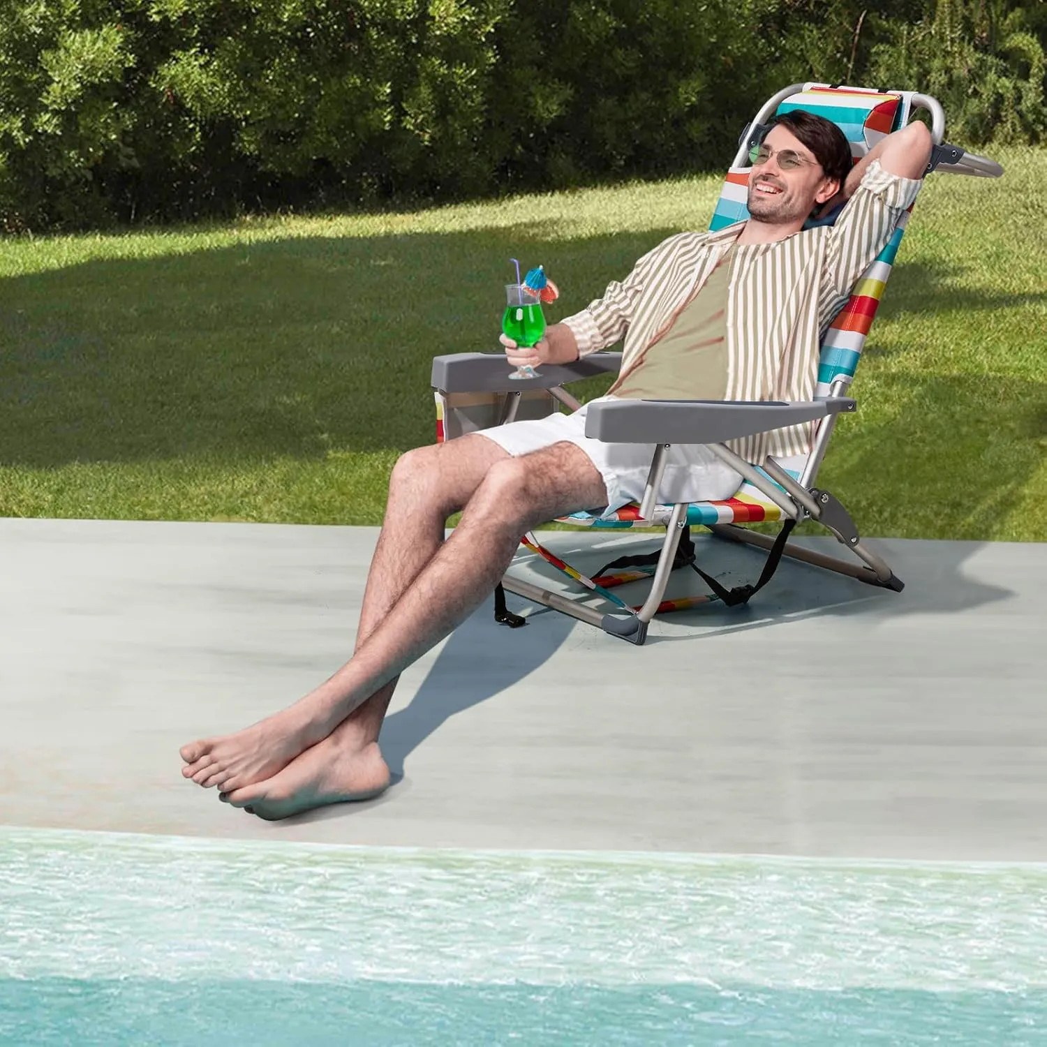 Folding Low Backpack Beach Chair 5-Position with Headrest & Cup Holder - Portable Aluminum Reclining Camping Chair with Storage Bags, Adjustable Recline - Lightweight & Compact, Rainbow Stripes