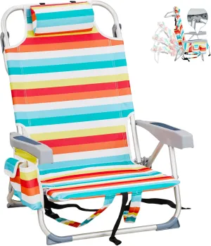 Folding Low Backpack Beach Chair 5-Position with Headrest & Cup Holder - Portable Aluminum Reclining Camping Chair with Storage Bags, Adjustable Recline - Lightweight & Compact, Rainbow Stripes