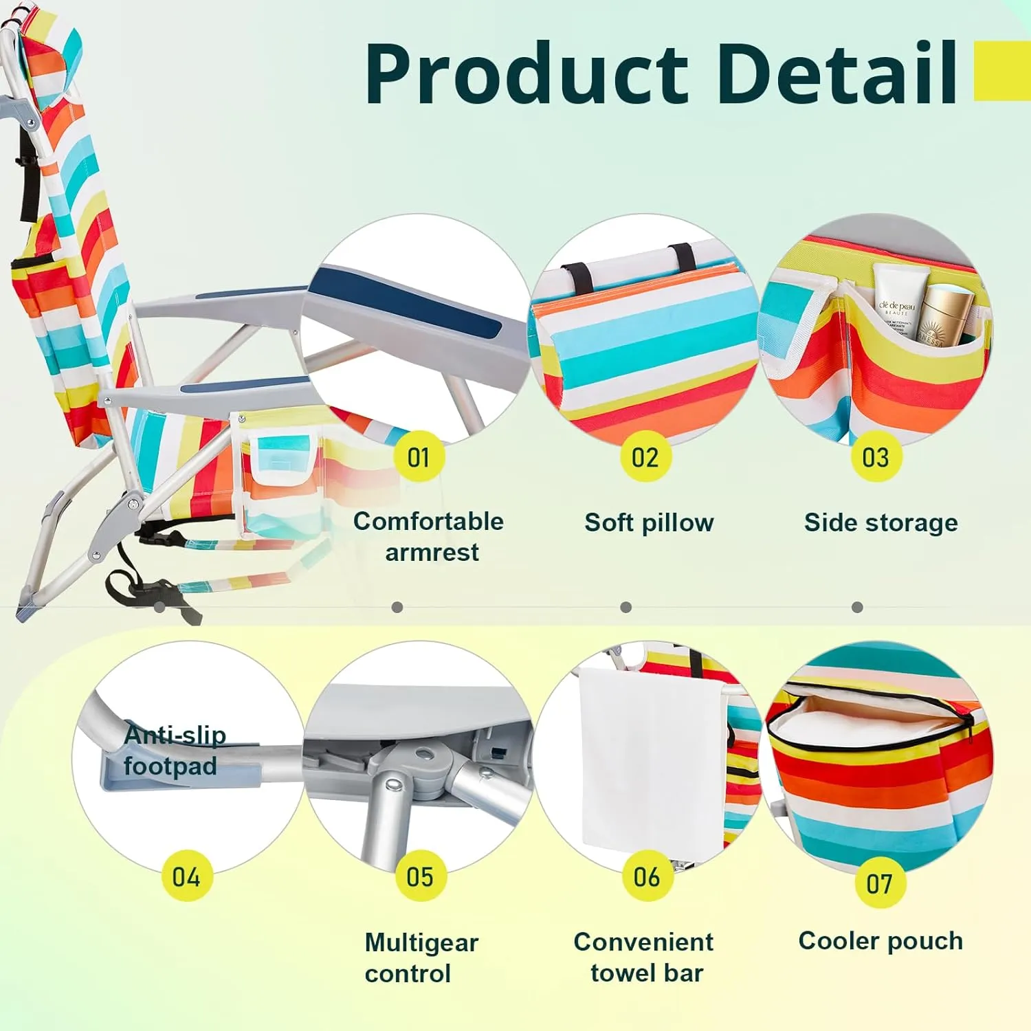 Folding Low Backpack Beach Chair 5-Position with Headrest & Cup Holder - Portable Aluminum Reclining Camping Chair with Storage Bags, Adjustable Recline - Lightweight & Compact, Rainbow Stripes