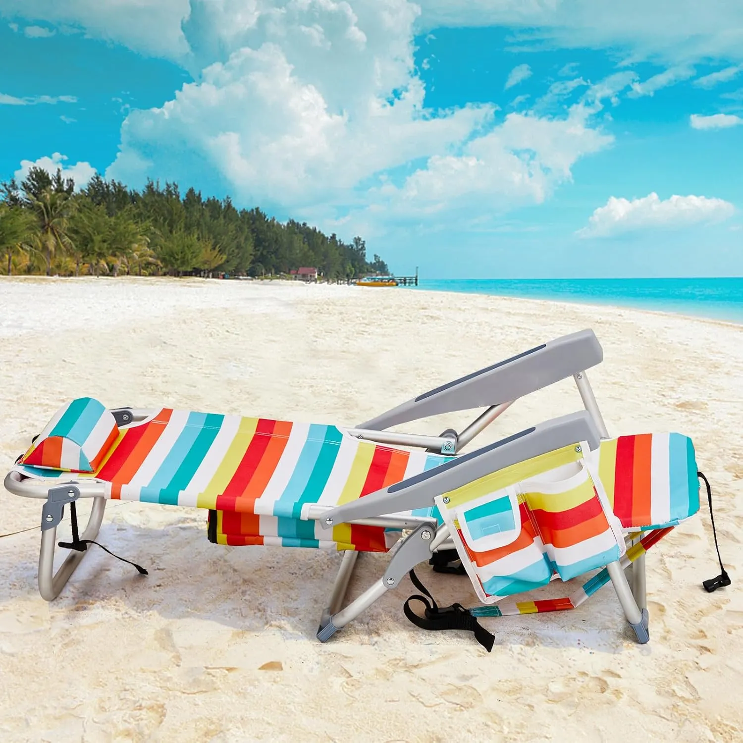 Folding Low Backpack Beach Chair 5-Position with Headrest & Cup Holder - Portable Aluminum Reclining Camping Chair with Storage Bags, Adjustable Recline - Lightweight & Compact, Rainbow Stripes