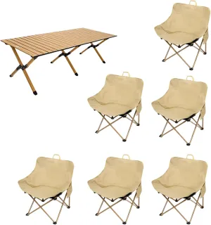 Folding Moon Stool Omelet Portable Table Camping Table and Chairs Backpack Suitable for Outdoor Camping Travel Beach Picnic Hiking 6 Chairs and Long Table-Quicksand Yellow