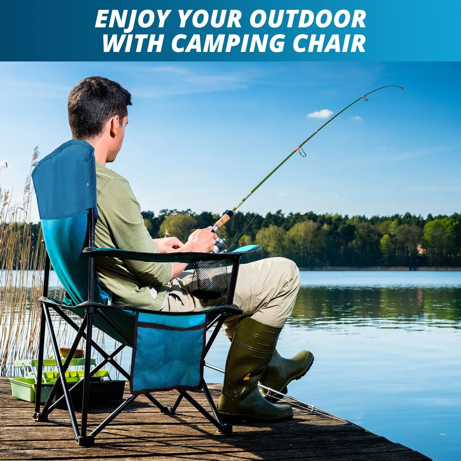 Folding Outdoor Beach Camp Chair with Cup Holder, Storage Pocket, Waterproof Bag Outdoor Arm Chair, Supports 225LBS, Blue