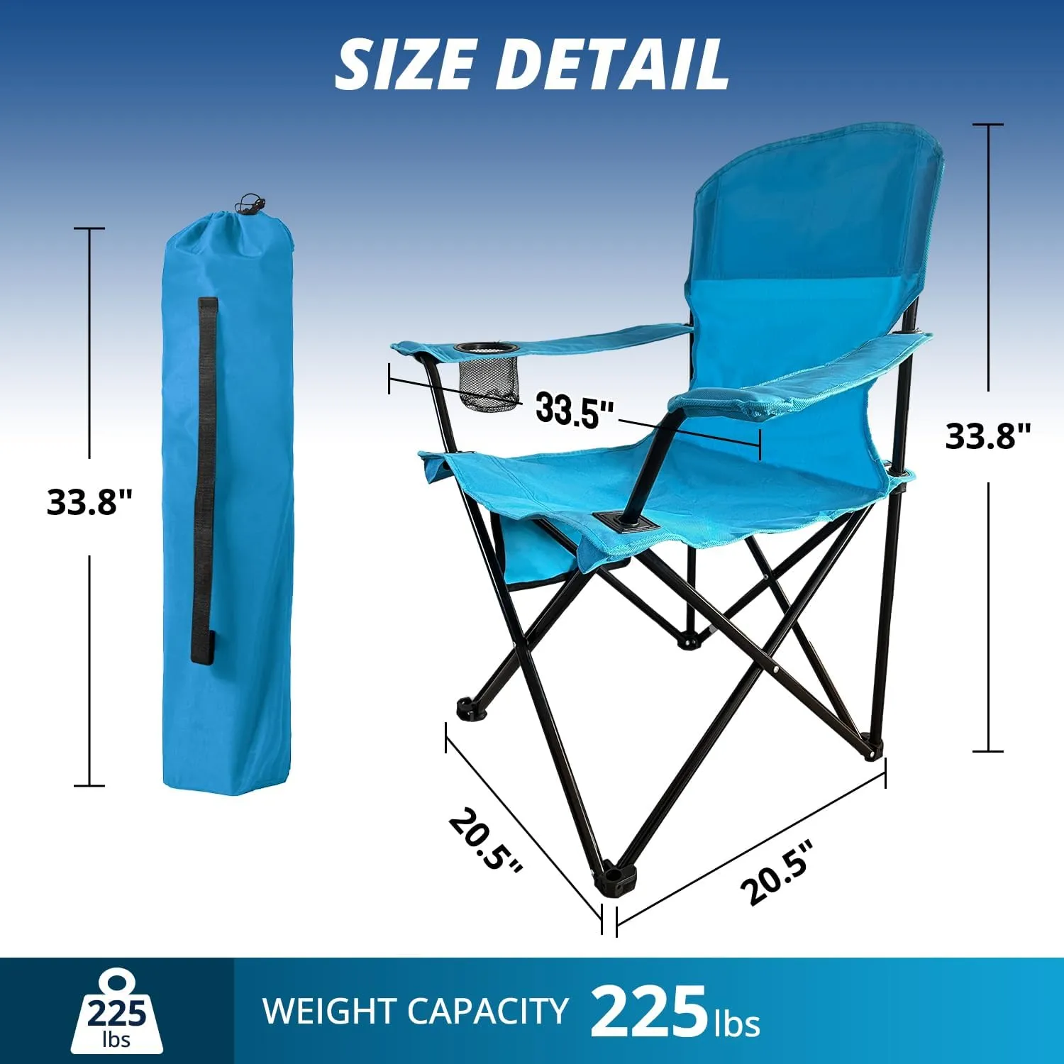 Folding Outdoor Beach Camp Chair with Cup Holder, Storage Pocket, Waterproof Bag Outdoor Arm Chair, Supports 225LBS, Blue