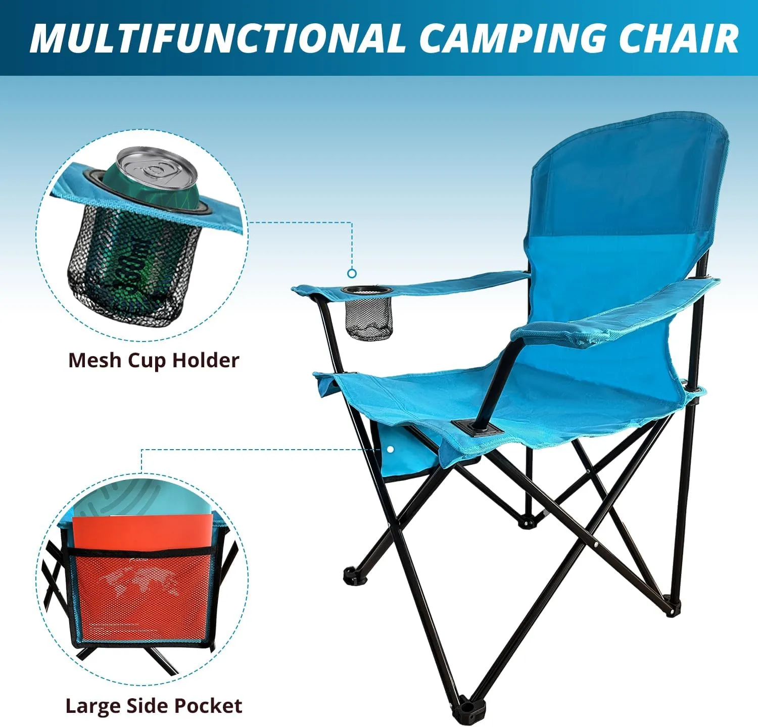 Folding Outdoor Beach Camp Chair with Cup Holder, Storage Pocket, Waterproof Bag Outdoor Arm Chair, Supports 225LBS, Blue
